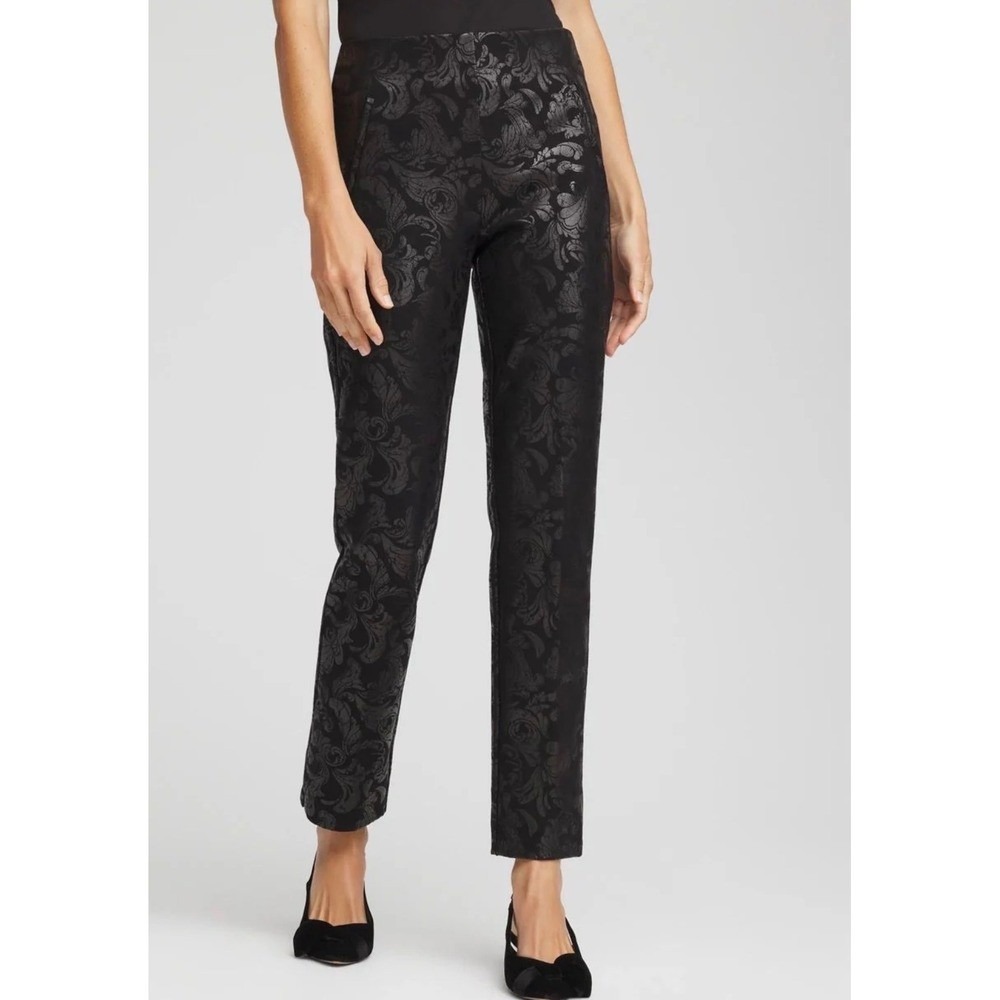 Chico's Fabulously Slimming Pants Womens 1‎ Sz 8 Gray Black Velvet Paisley Ankle